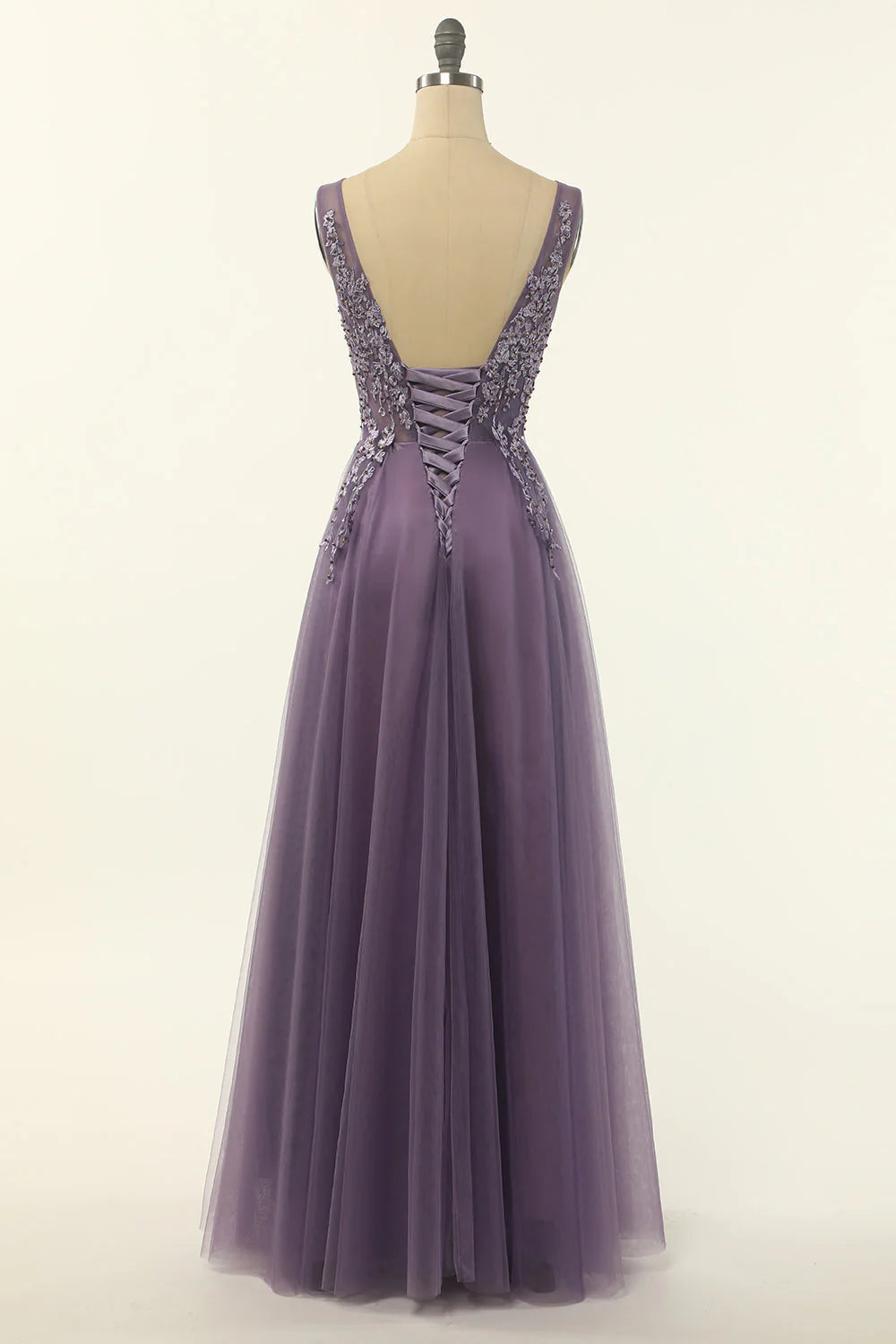 Tulle A-line Prom Dress V-neck Pure Color