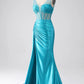 Mermaid V-Neck Sweep Train Pleated Corset Beaded Prom Dress Sexy Long