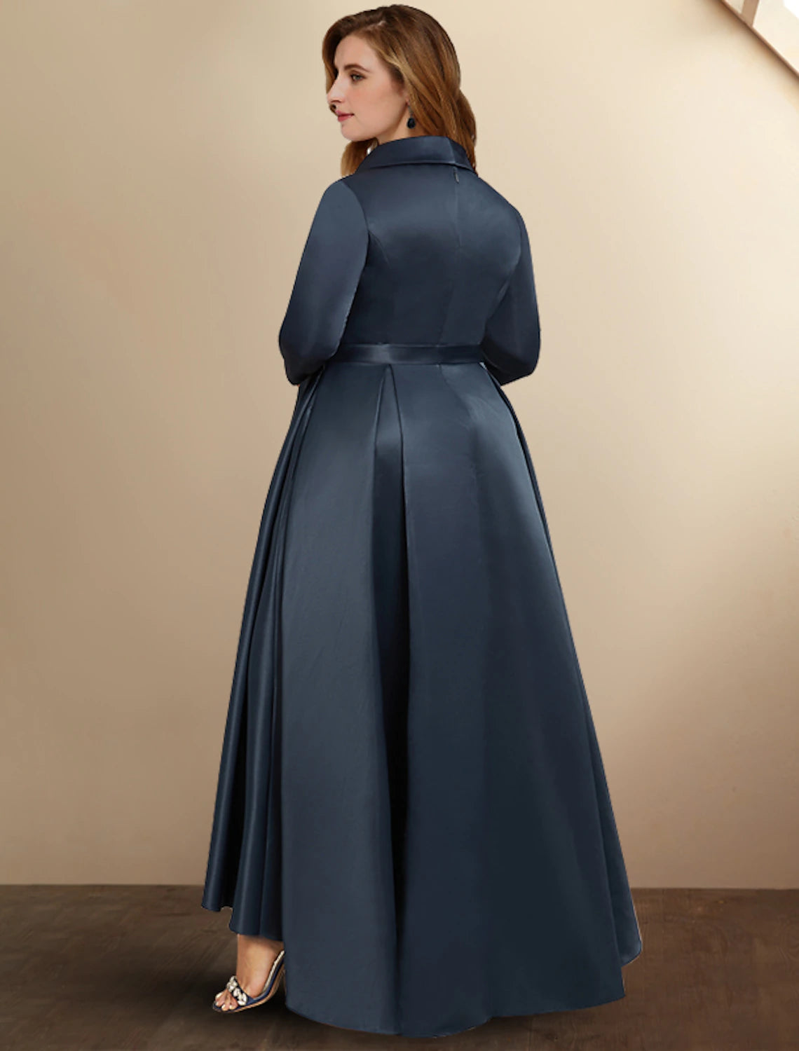 A-Line Mother of the Bride Dresses Plus Size Hide Belly Curve High Low Dress Formal Asymmetrical 3/4 Length Sleeve Shirt Collar Satin