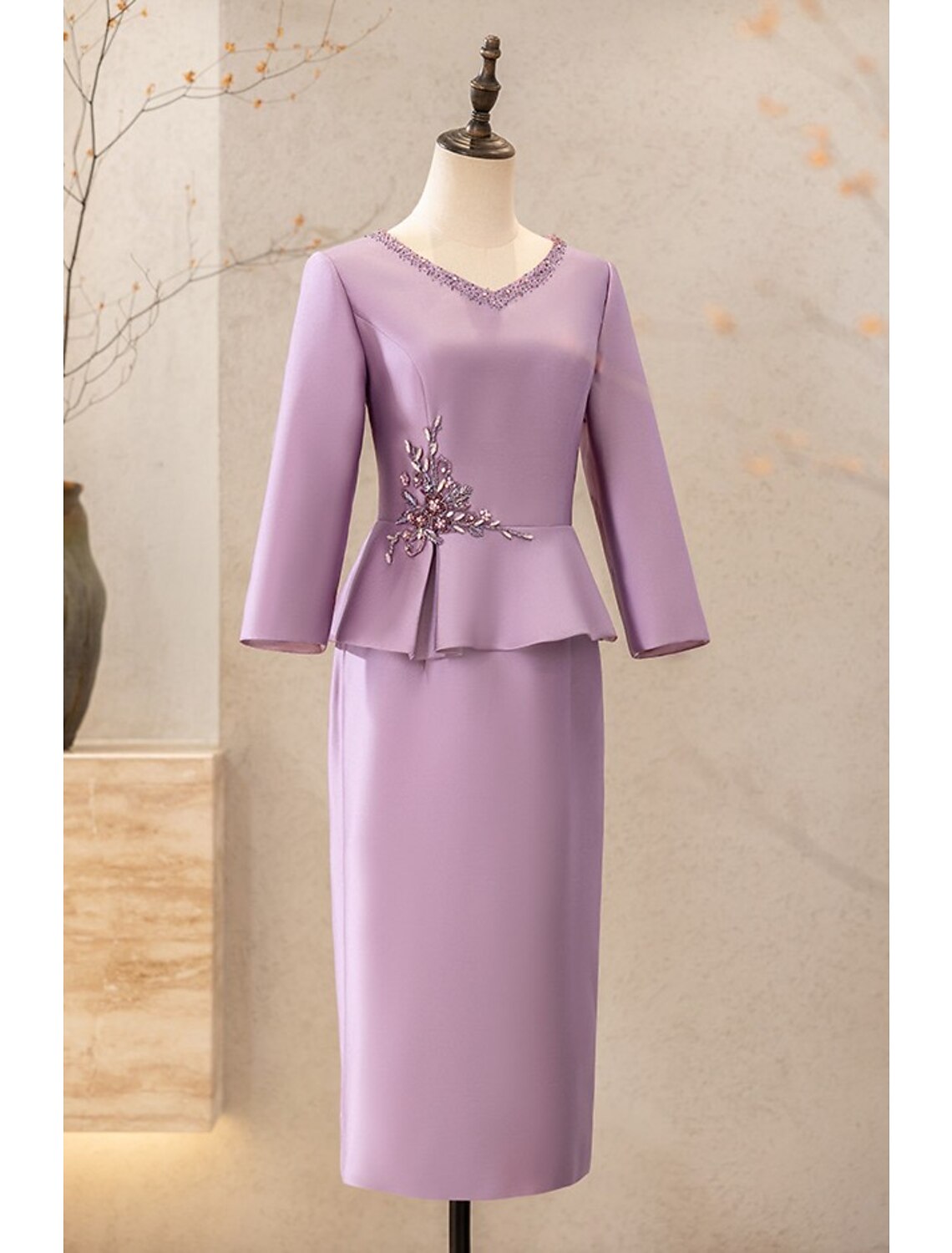 Two Piece Cocktail Dresses Elegant Dress Wedding Party Tea Length Long Sleeve V Neck Satin Mother of the Bride Dresses