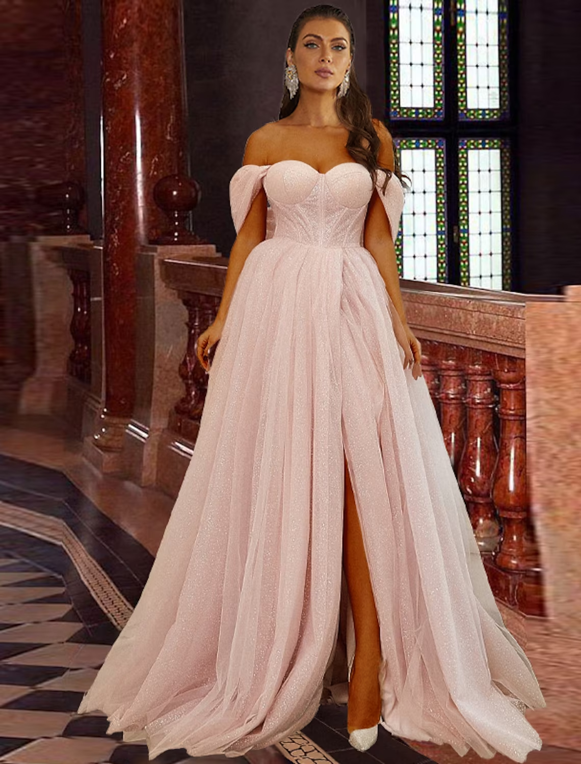 A-Line Prom Dresses Corsets Dress Prom Sweep / Brush Train Short Sleeve Off Shoulder Tulle with Glitter