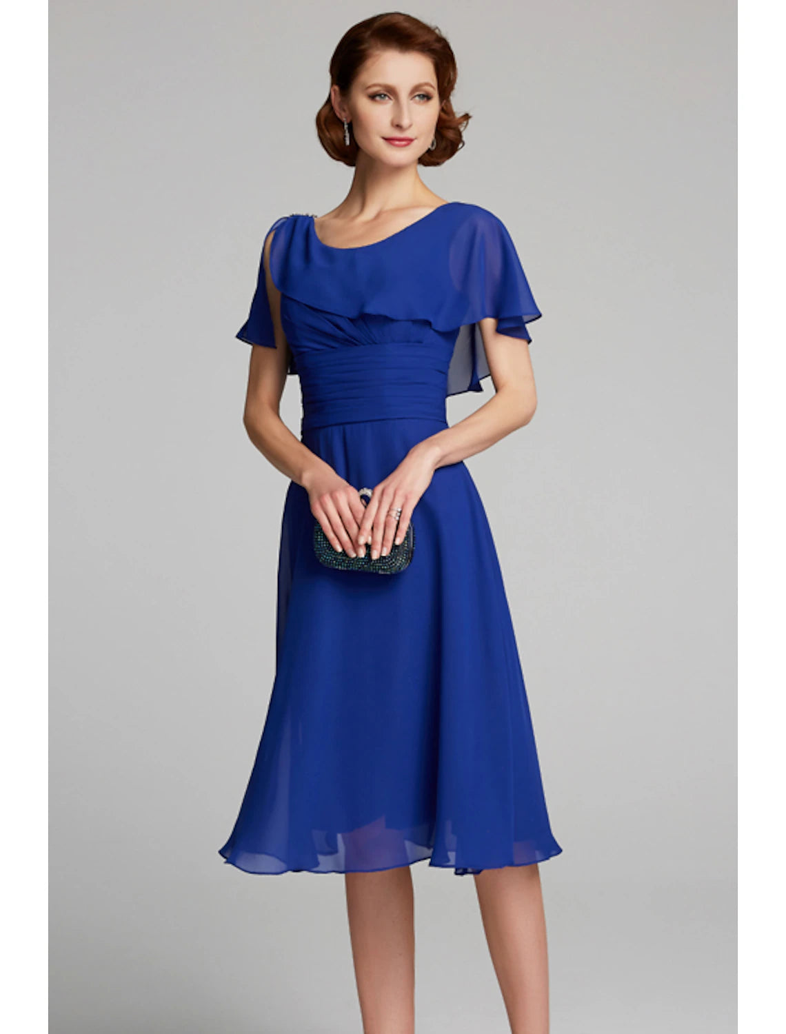 A-Line Mother of the Bride Dress Cowl Neck Knee Length Chiffon Short Sleeve Pure Color