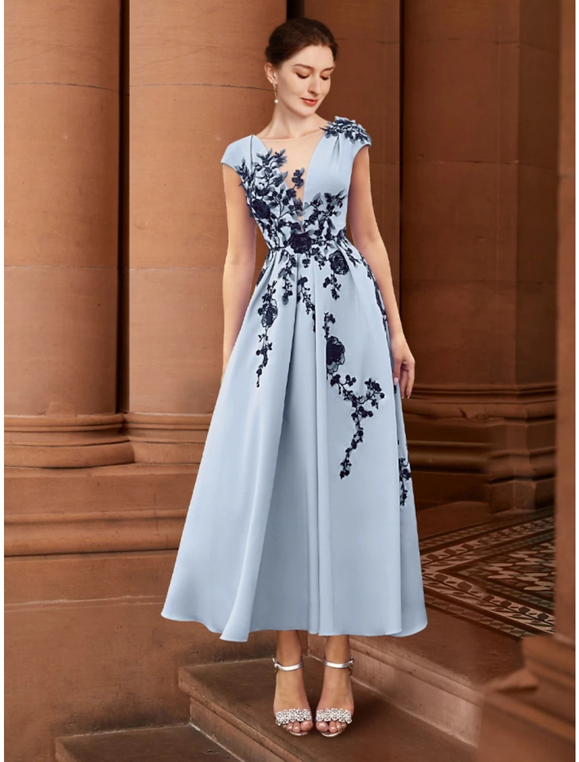 A-Line Mother of the Bride Dress Wedding Guest Elegant Illusion Neck Ankle Length Stretch Chiffon Cap Sleeve