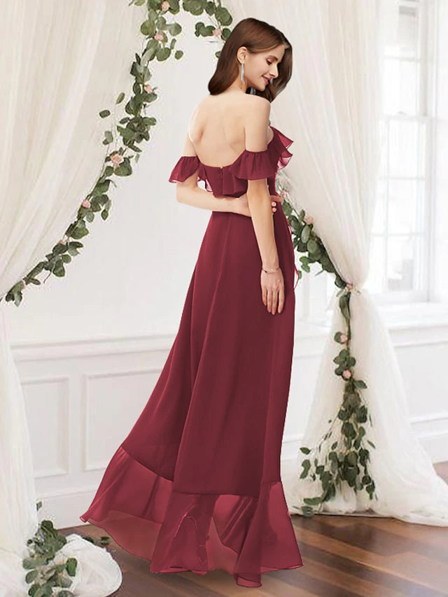 A-Line Bridesmaid Dress Off Shoulder Sleeveless Elegant Floor Length Chiffon with Pleats / Ruffles