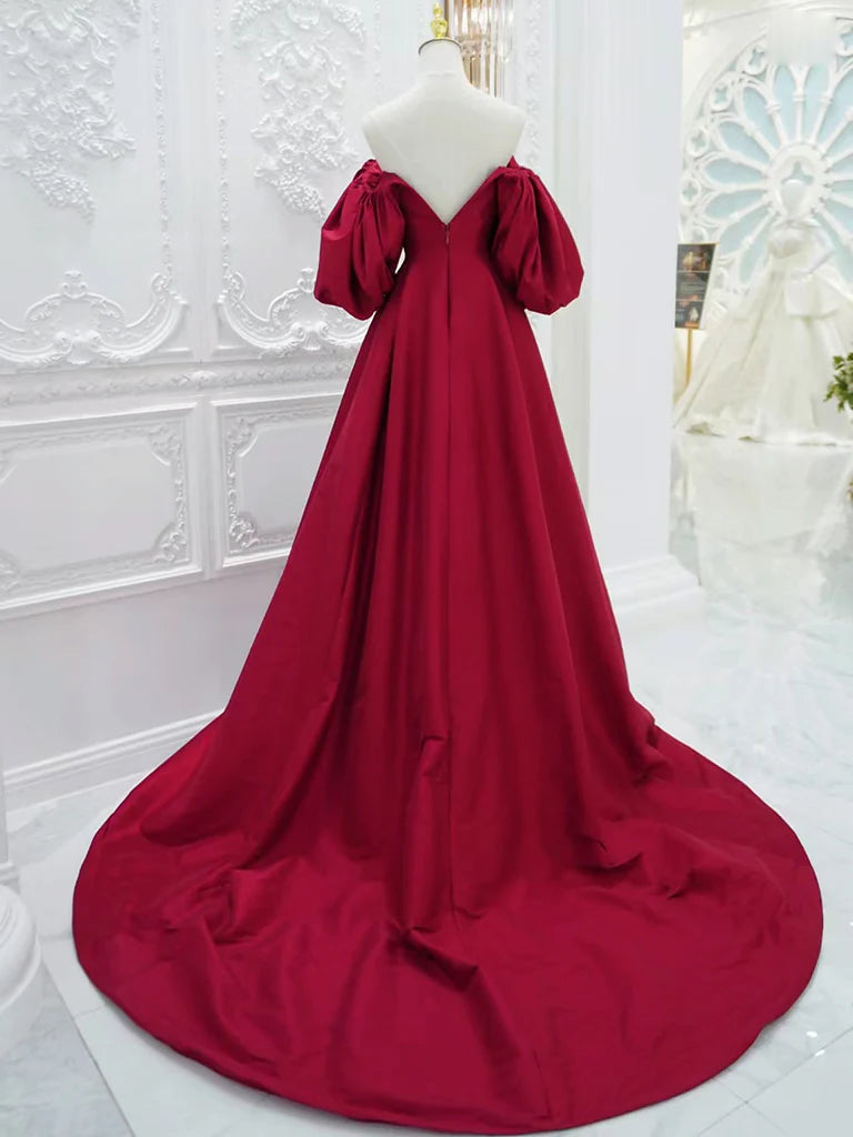 V Neck Satin Long Sleeves Satin Long Formal Dress Prom Dress Off Shoulder