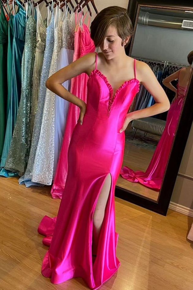 Red Mermaid Backless Prom Dresses Long Evening Dresses With Slit