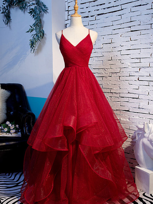 A line Red Ruffles Spaghetti Straps V Neck Prom Dresses Backless Long Evening Dresses Sparkly