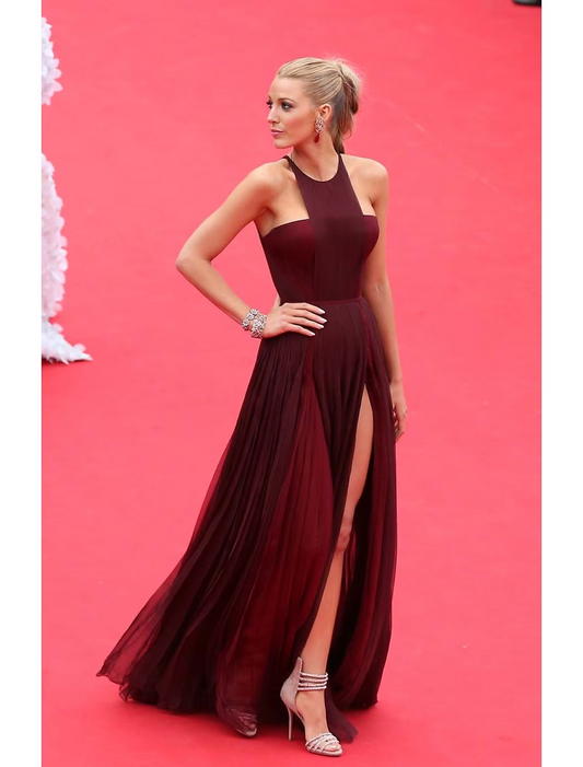 Blake Lively Burgundy Celebrity Prom Dress Cannes Film Festival Long Red Carpet