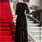 A-Line Black Dress Vintage Wedding Guest Formal Evening Floor Length 3/4 Length Sleeve Jewel Neck Velvet