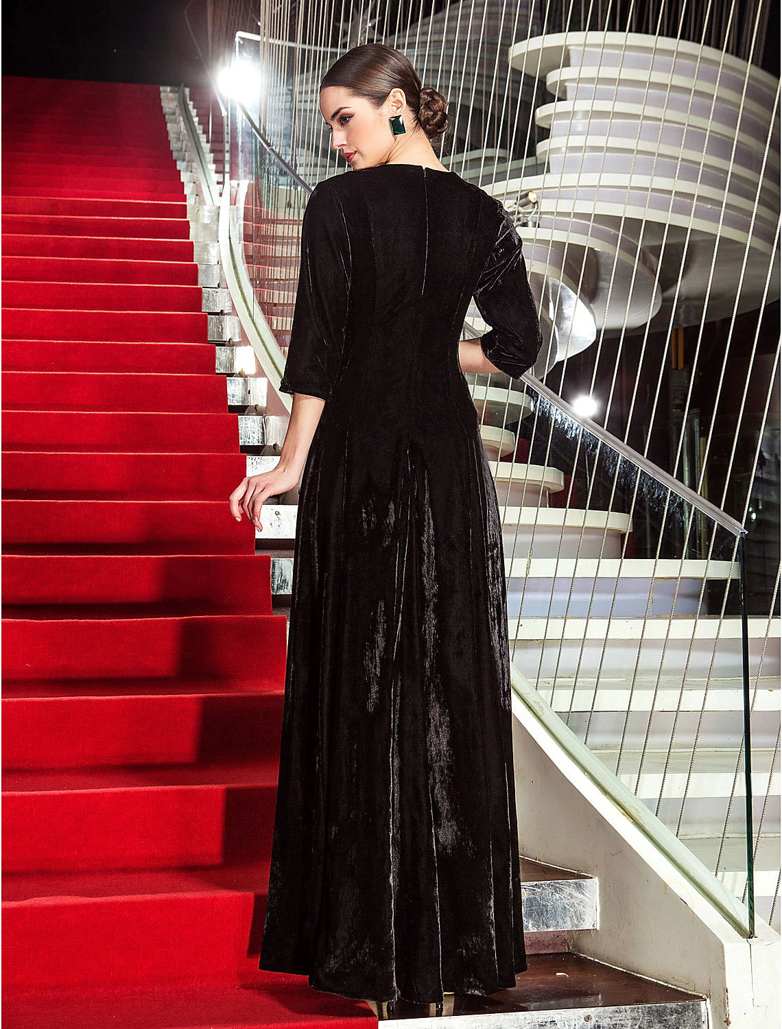 A-Line Black Dress Vintage Wedding Guest Formal Evening Floor Length 3/4 Length Sleeve Jewel Neck Velvet