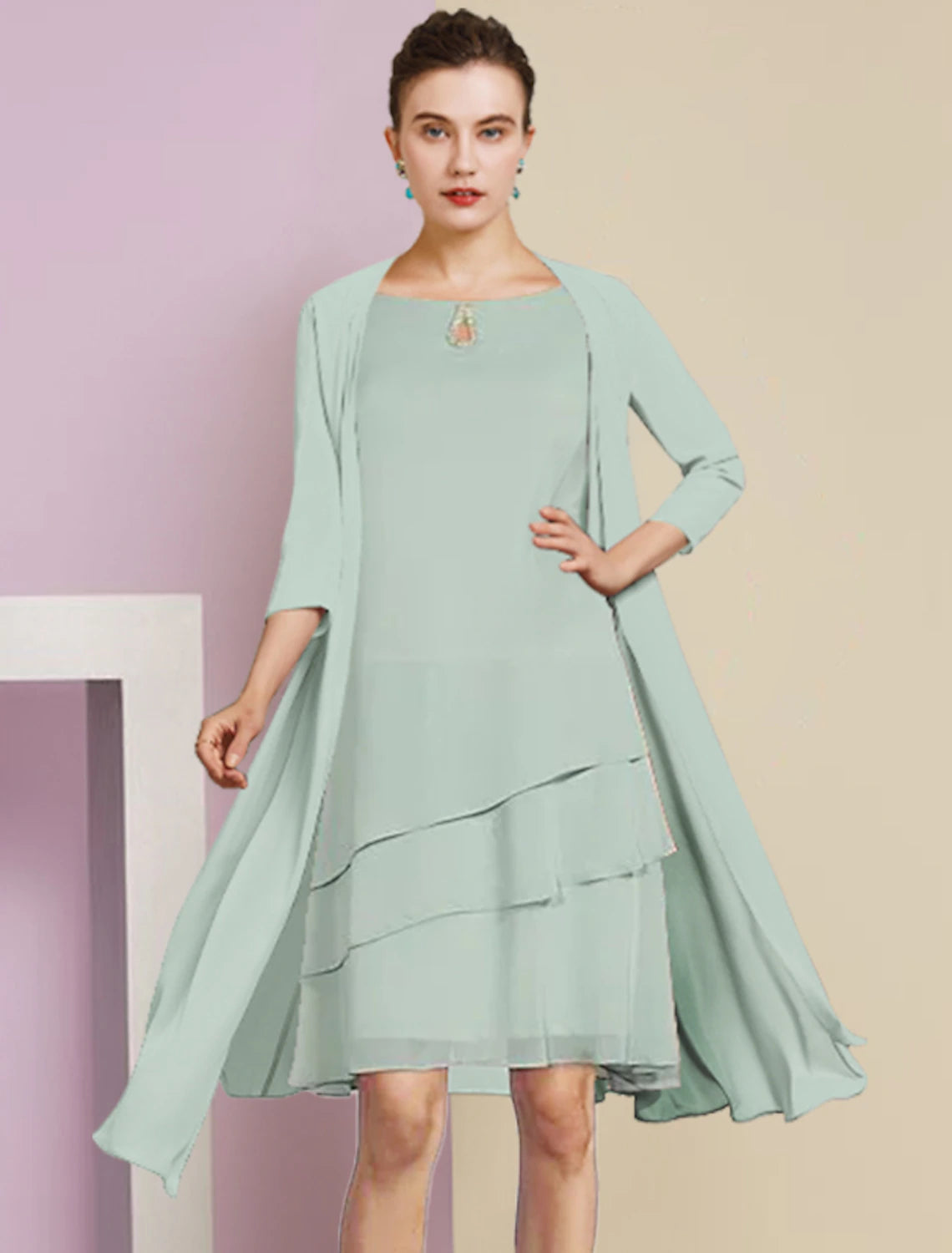 Two Piece A-Line Mother of the Bride Dress Formal Wedding Guest Elegant Scoop Neck Knee Length Chiffon 3/4 Length Sleeve