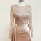 Mermaid Sequin Evening Gown Ruched Satin Dress Long Sleeves Floor Length Sparkle Illusion Neck Fall Wedding Guest Dress with Pearls