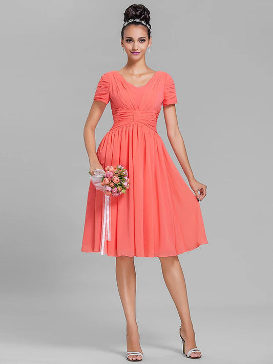 Sheath / Column Bridesmaid Dress V Neck Short Sleeve Vintage Inspired Knee Length Chiffon with Ruched