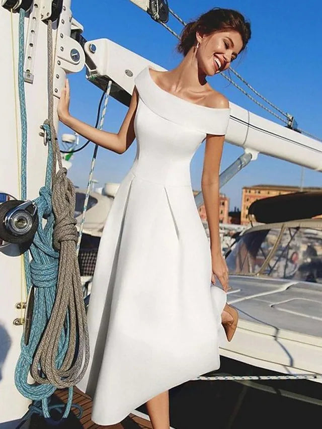 A-Line Minimalist Holiday Cocktail Party Dress Off Shoulder Short Sleeve Ankle Length