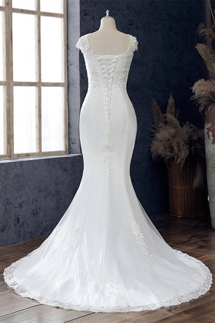 White Lace Beaded Cap Sleeve Trumpet Wedding Dress Beautiful