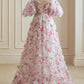 A Line Sweetheart Ruffles Sweep Train Floral Printed Chiffon Prom Dresses Beautiful