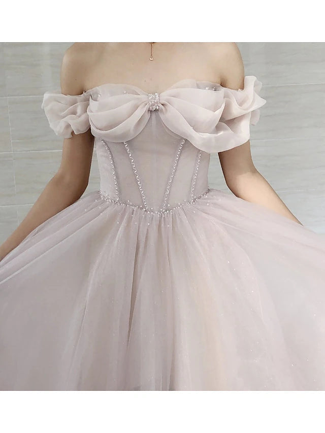 A-Line Prom Dresses Empire Dress Prom Sweep / Brush Train Short Sleeve Sweetheart Tulle with Pleats