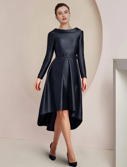 A-Line Mother of the Bride Dress Wedding Guest Party Elegant High Low Scoop Neck Asymmetrical Knee Length Satin Long Sleeve