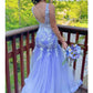 Mermaid / Trumpet Prom Dresses Floral Dress Formal Sweep / Brush Train Sleeveless V Neck Tulle with Ruffles