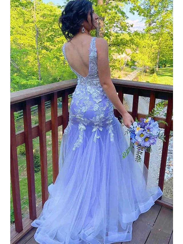 Mermaid / Trumpet Prom Dresses Floral Dress Formal Sweep / Brush Train Sleeveless V Neck Tulle with Ruffles