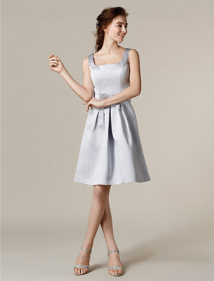 A-Line Bridesmaid Dress Square Neck Sleeveless Knee Length Satin with Sash / Ribbon