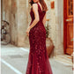 Mermaid / Trumpet Sparkle Sexy Prom Formal Evening Valentine's Day Dress V Neck V Back Sleeveless Floor Length Tulle with Sequin