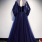 A-Line Prom Dresses Vintage Dress Party Wear Floor Length Long Sleeve Stand Collar Tulle with Bow(s)