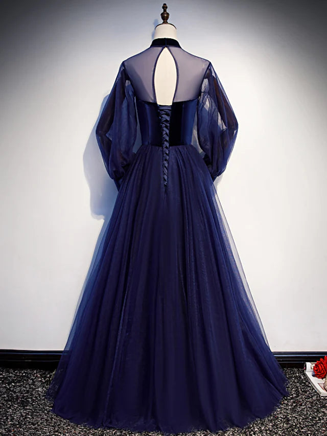 A-Line Prom Dresses Vintage Dress Party Wear Floor Length Long Sleeve Stand Collar Tulle with Bow(s)