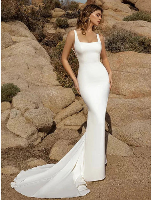 Beach Open Back Casual Wedding Dresses Court Train Mermaid / Trumpet Sleeveless Square Neck Crepe