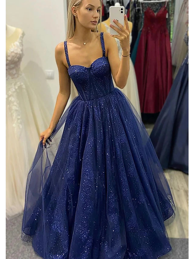 Ball Gown A-Line Prom Dresses Sparkle & Shine Dress Formal Floor Length Sleeveless Sweetheart Tulle Backless with Glitter