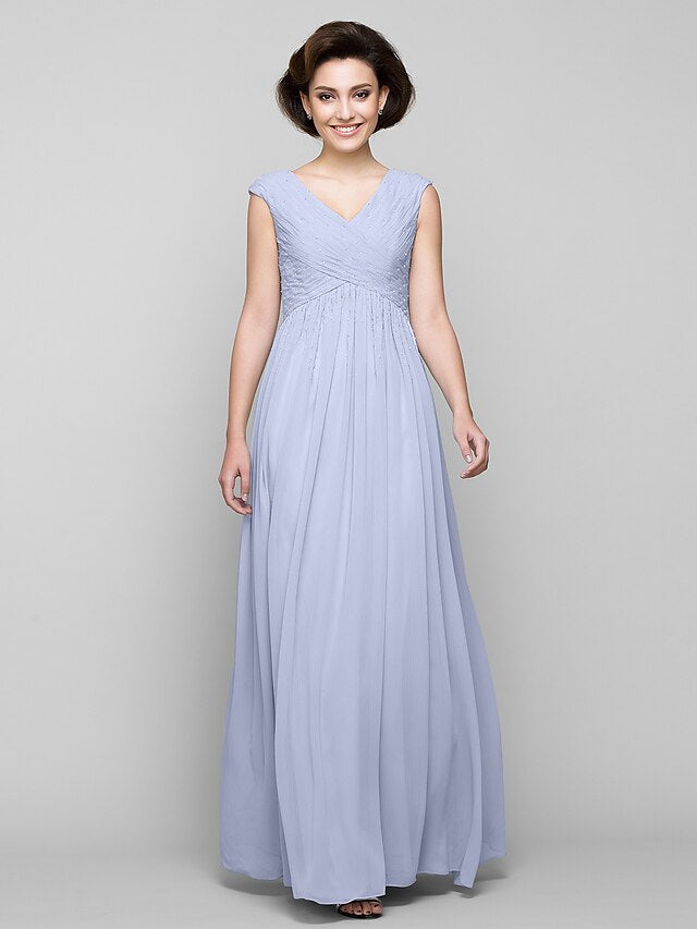 A-Line Mother of the Bride Dress Elegant V Neck Floor Length Chiffon Sleeveless with Criss Cross