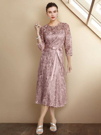 A-Line Mother of the Bride Dress Elegant Jewel Neck Tea Length Lace Charmeuse 3/4 Length Sleeve with Sash / Ribbon Bow(s)