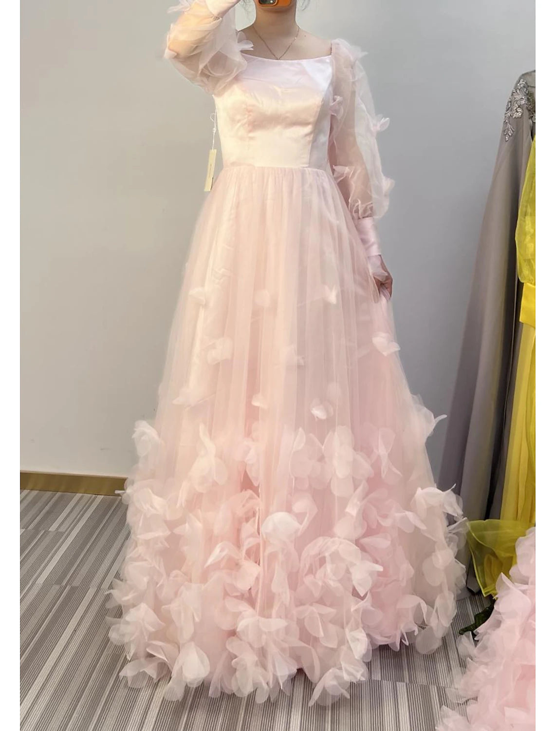 A-Line Prom Dresses Maxi Dress Sweet 16 Birthday Floor Length Long Sleeve Scoop Neck Tulle with Appliques