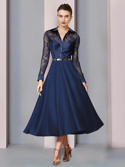 A-Line Mother of the Bride Dress Wedding Guest Elegant Shirt Collar Tea Length Satin Lace Long Sleeve