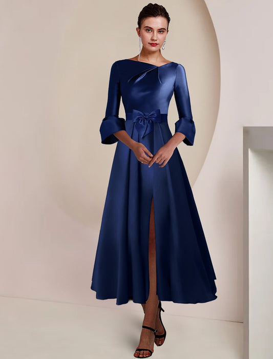 A-Line Mother of the Bride Dress Formal Wedding Guest Party Elegant Bateau Neck Tea Length Satin 3/4 Length Sleeve with Bow(s)