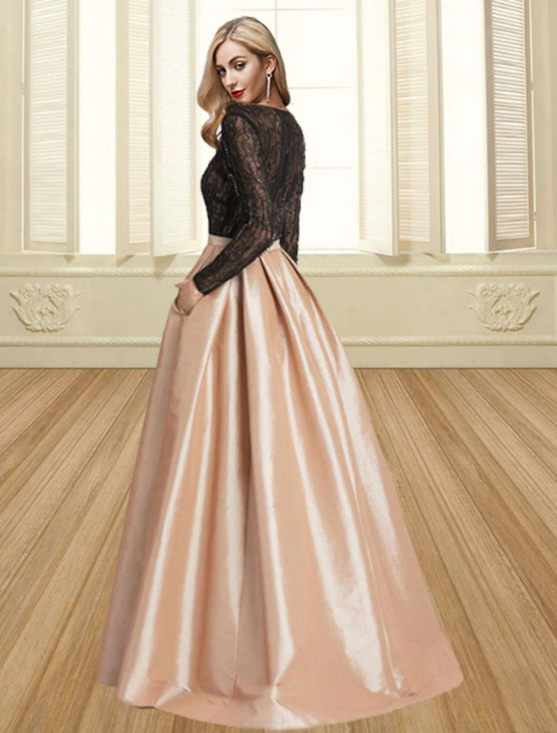 Ball Gown Evening Gown Color Block Dress Engagement Formal Evening Floor Length Long Sleeve Jewel Neck Satin
