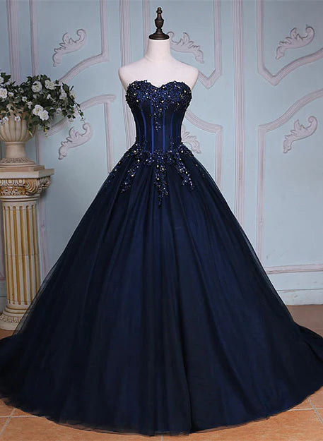 Navy Blue Lace Applique Tulle Long Party Dress Formal Gown Off Shoulder Floor Length Prom Dress