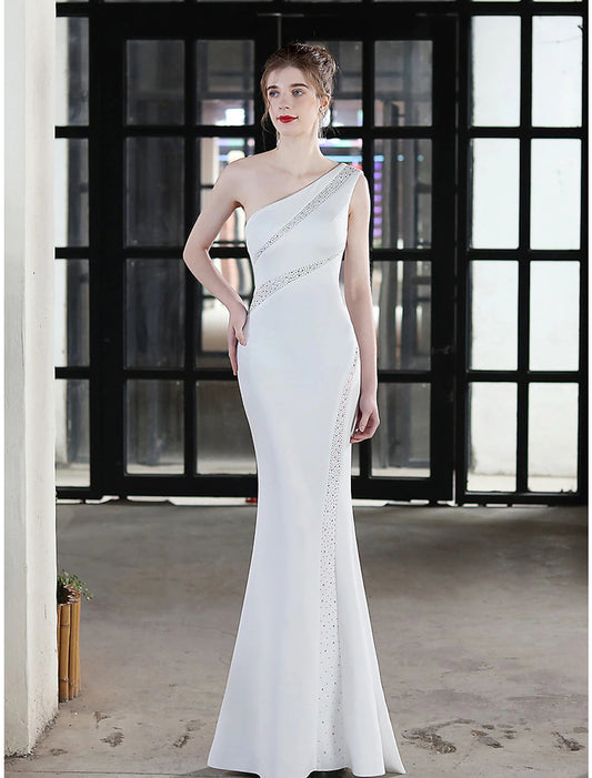 Mermaid / Trumpet Evening Gown Sexy Dress Wedding Guest Formal Evening Floor Length Sleeveless One Shoulder Stretch Satin