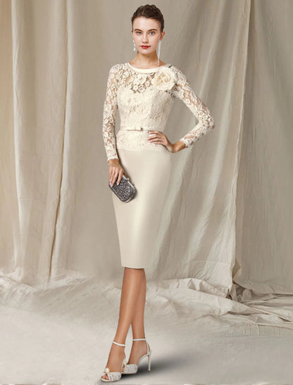 Sheath / Column Mother of the Bride Dress Elegant Jewel Neck Knee Length Satin Lace 3/4 Length Sleeve with Bow(s)