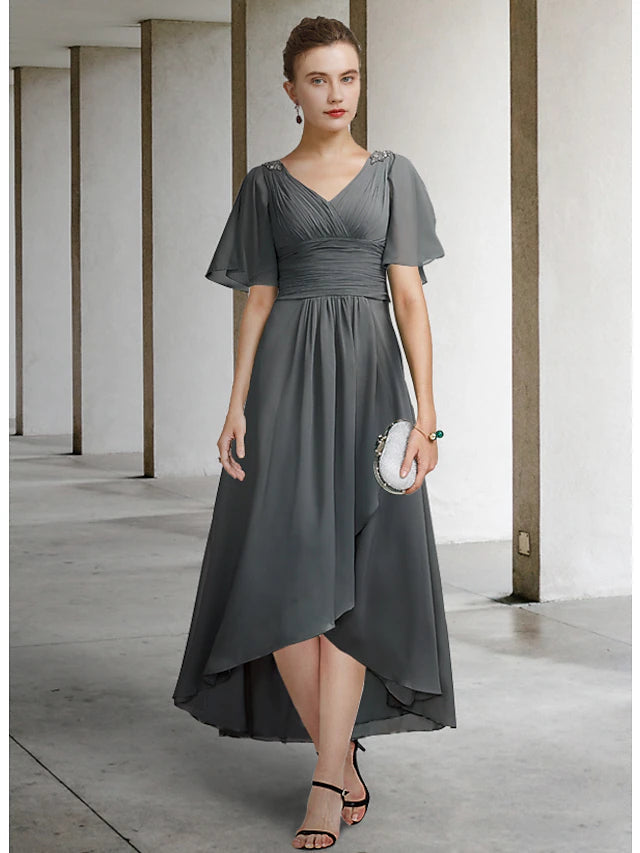 A-Line Mother of the Bride Dress Elegant High Low V Neck Asymmetrical Chiffon Short Sleeve with Pleats