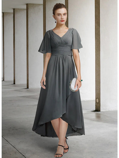 A-Line Mother of the Bride Dress Elegant High Low V Neck Asymmetrical Chiffon Short Sleeve with Pleats