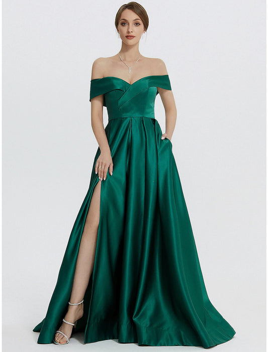 A-Line Evening Gown Elegant Dress Formal Prom Floor Length Sleeveless Sweetheart Satin