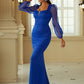 Mermaid / Trumpet Evening Gown Elegant Dress Formal Wedding Guest Sweep / Brush Train Long Sleeve Square Neck Polyester with Pure Color