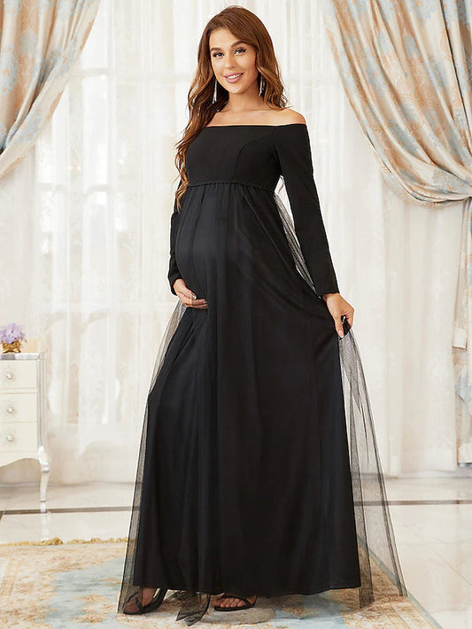 A-Line Mother of the Bride Dress Maternity Elegant Off Shoulder Floor Length Tulle Long Sleeve with Tier Black