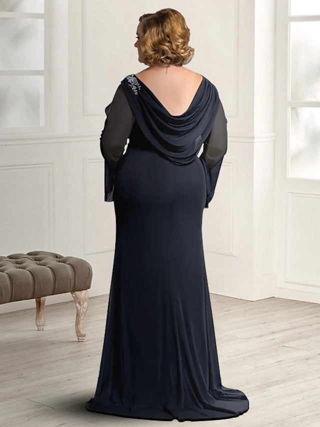 Sheath / Column Mother of the Bride Dress Plus Size Elegant Jewel Neck Sweep / Brush Train Chiffon Long Sleeve with Ruched Crystal