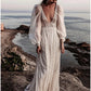 Beach Open Back Boho Wedding Dresses A-Line V Neck Long Sleeve Sweep / Brush Train Sequined Bridal Gowns