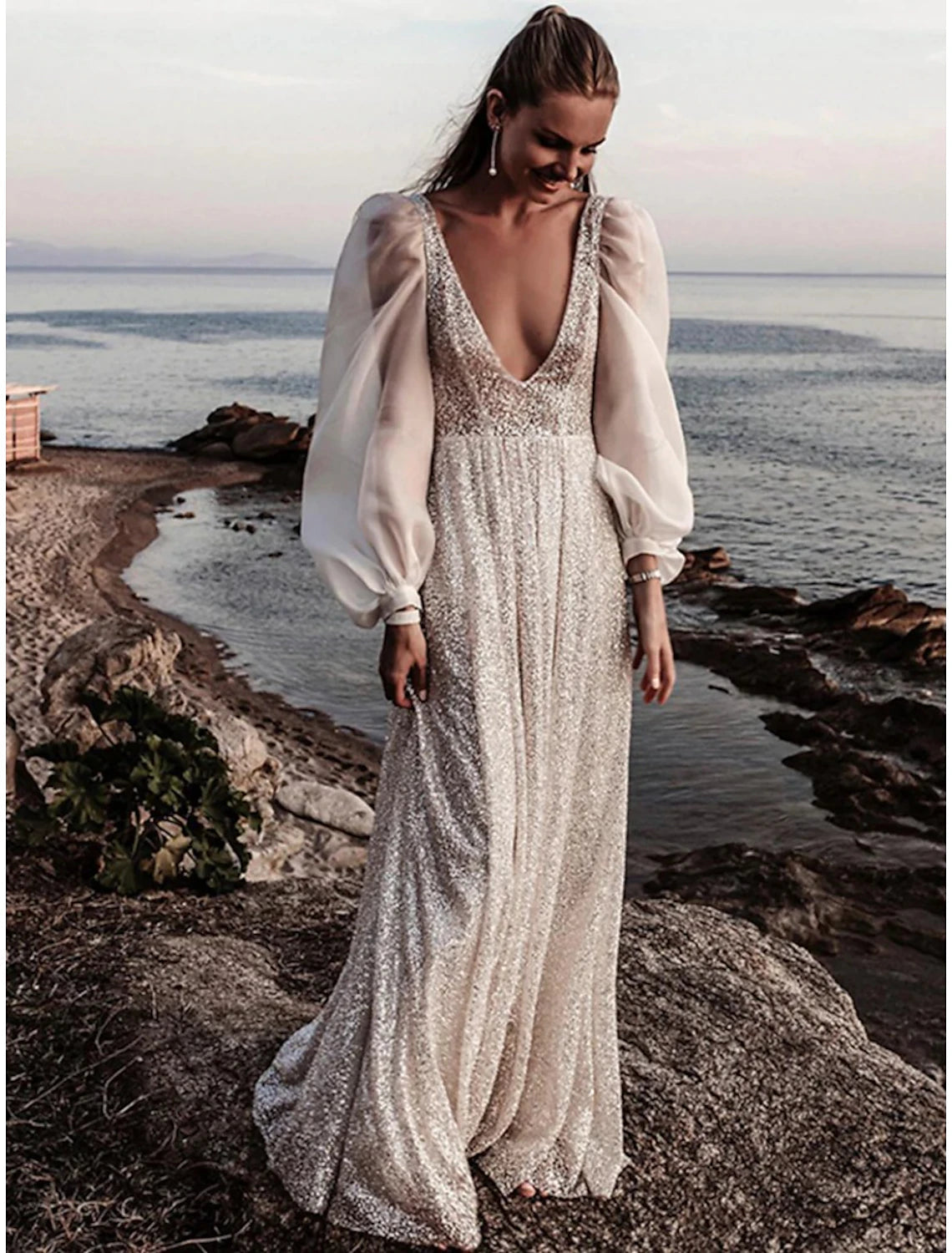 Beach Open Back Boho Wedding Dresses A-Line V Neck Long Sleeve Sweep / Brush Train Sequined Bridal Gowns