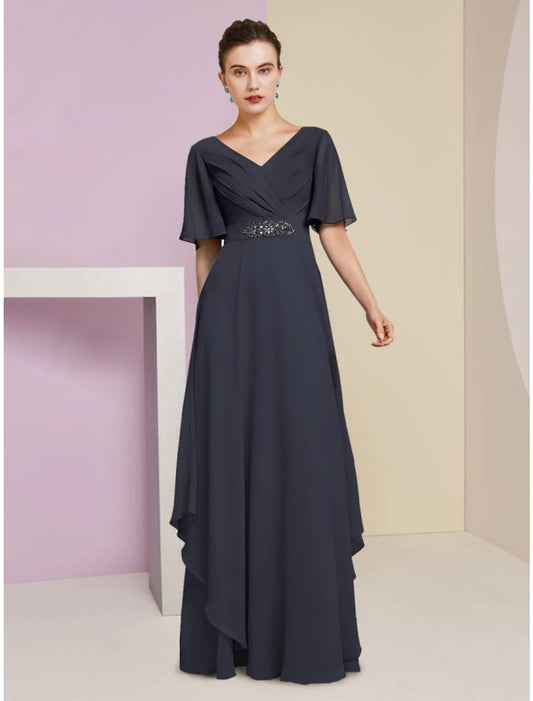 A-Line Mother of the Bride Dress Wedding Guest Elegant V Neck Floor Length Chiffon Short Sleeve with Crystal Brooch