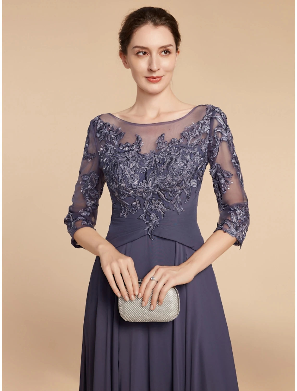 A-Line Mother of the Bride Dress Wedding Guest Elegant Scoop Neck Floor Length Chiffon Lace 3/4 Length Sleeve with Ruching