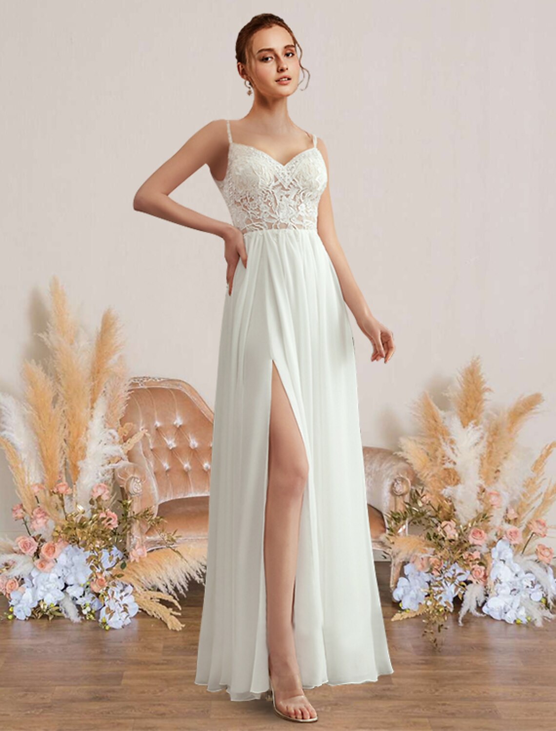 Beach Wedding Dresses Floor Length A-Line Spaghetti Strap Sweetheart V Neck Chiffon With Pleats